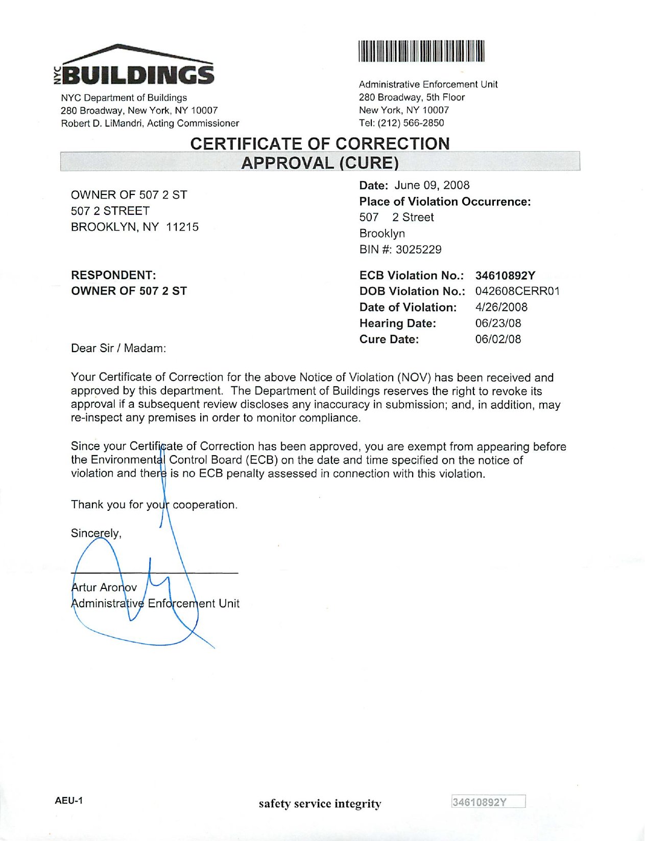 Send NYC Certificate of Correction - 2008