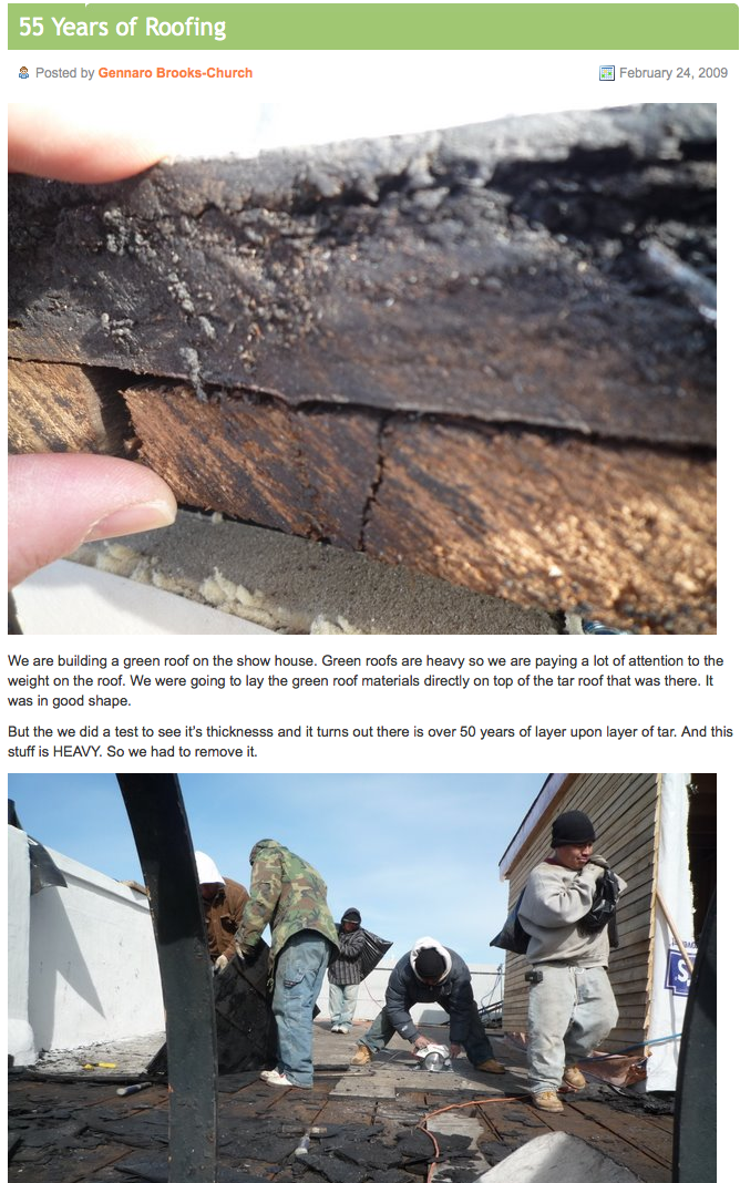Close-up of weathered tar roofing layers showing fifty years of buildup and deterioration.