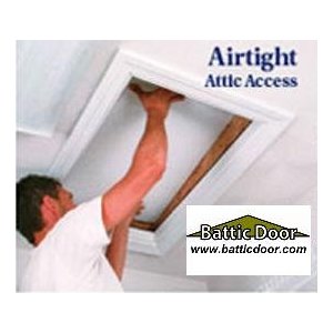 Person installing airtight attic access door in ceiling with wooden frame