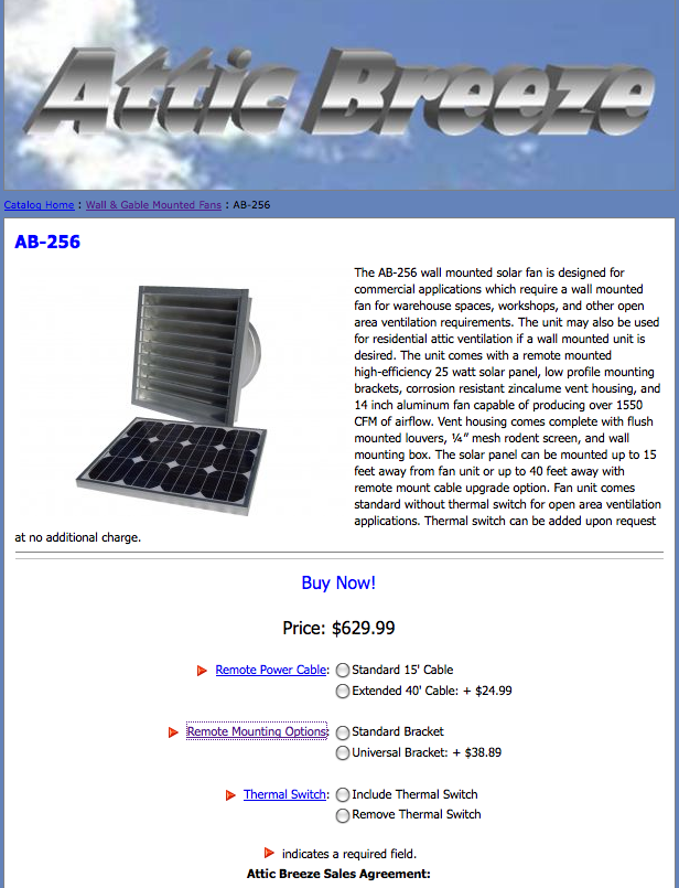 Attic Breeze AB-256 wall mounted solar fan product logo and specifications page