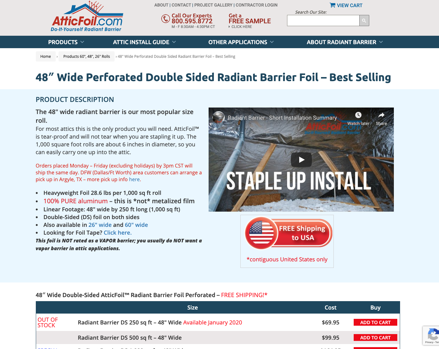 AtticFoil.com product page for 48-inch wide perforated double-sided radiant barrier foil with installation video