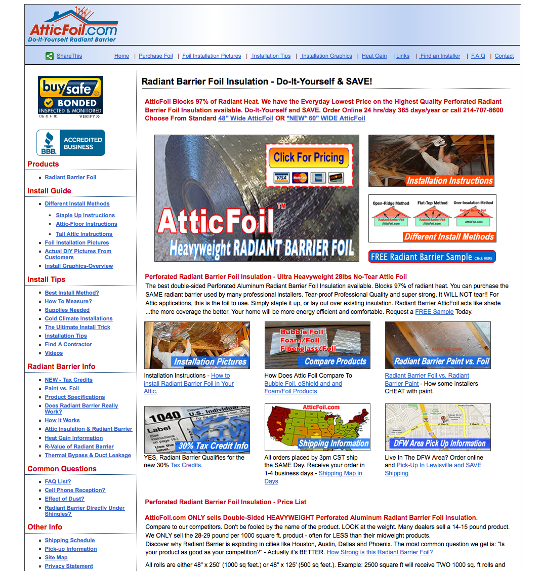 AtticFoil.com website homepage displaying radiant barrier foil insulation products and installation methods.