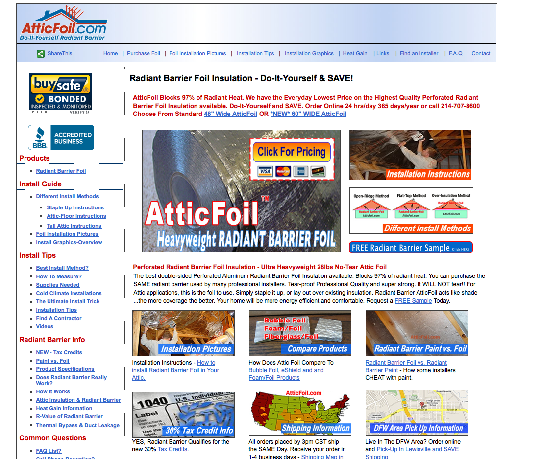 AtticFoil.com homepage showing radiant barrier foil insulation products and installation methods.