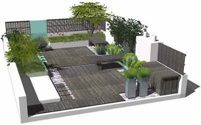 3D architectural rendering of modern roof deck with dark wood decking, planted trees, and seating areas.