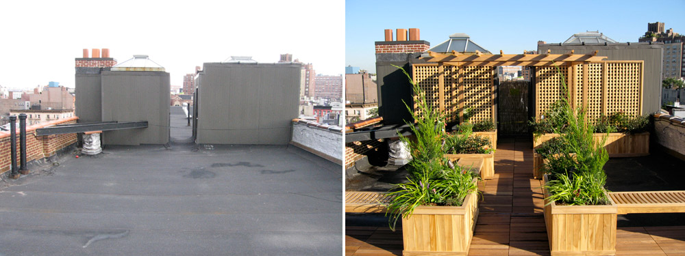 Before and after comparison of Brooklyn rooftop renovation with plants and wooden deck
