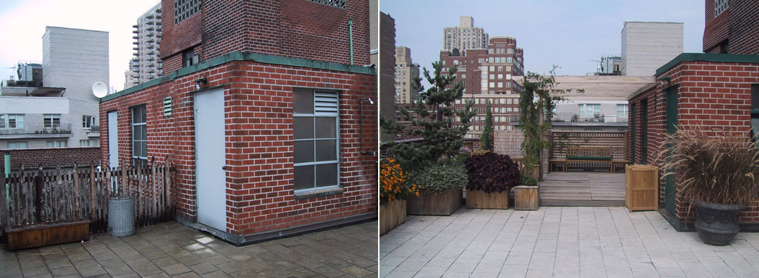 Side-by-side comparison of renovated rooftop terrace with brick structure, planters, and city skyline.