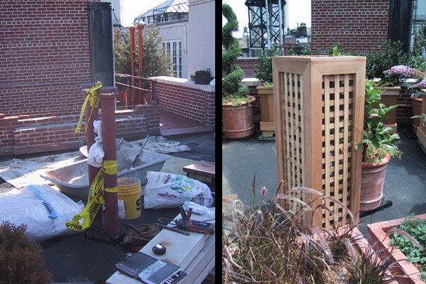 Before and after rooftop garden renovation with brick structures, planters, and lattice tower.