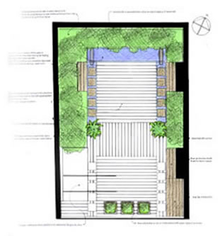 Architectural top-down plan view of a Brooklyn roof deck with seating, landscaping, and deck details