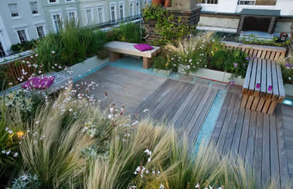 Elevated rooftop deck with wooden flooring, ornamental grasses, pink flowers, and lounge seating overlooking residential buildings.
