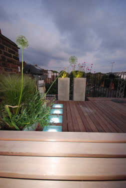 Modern rooftop deck with wooden flooring, potted plants, and city skyline at dusk