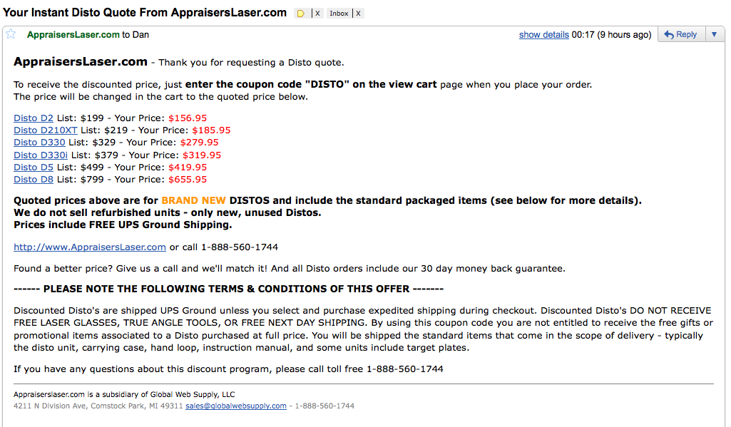 Email screenshot showing Disto laser measure discount pricing and coupon code offer from AppraisersLaser.com