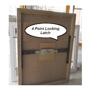 Metal roof access door with labeled 4-point locking latch mechanism