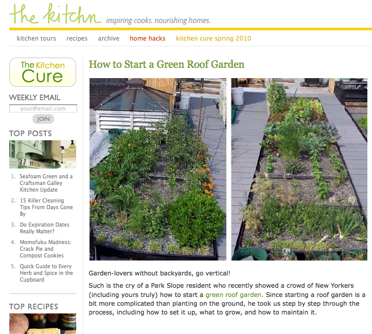 Two aerial views of a planted green roof garden with vegetables, herbs, and flowers on a Brooklyn rooftop deck.