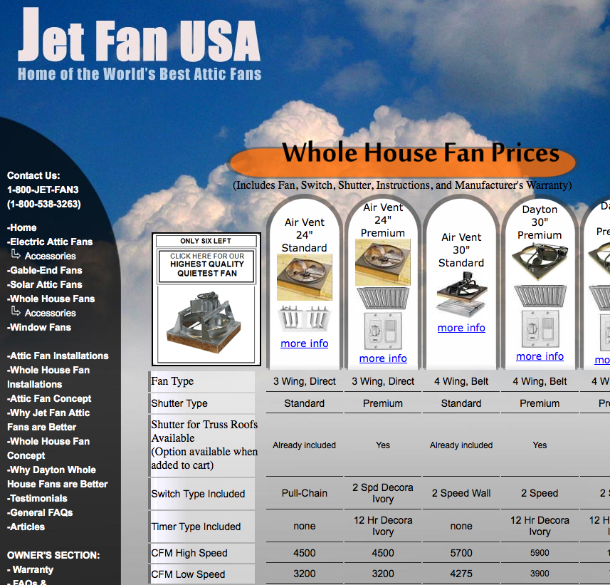 Whole house fan pricing comparison table with Air Vent and Dayton fan models specifications.