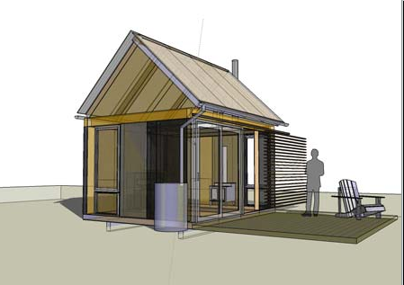 Modern small house with pitched roof, large windows, and deck, architectural rendering