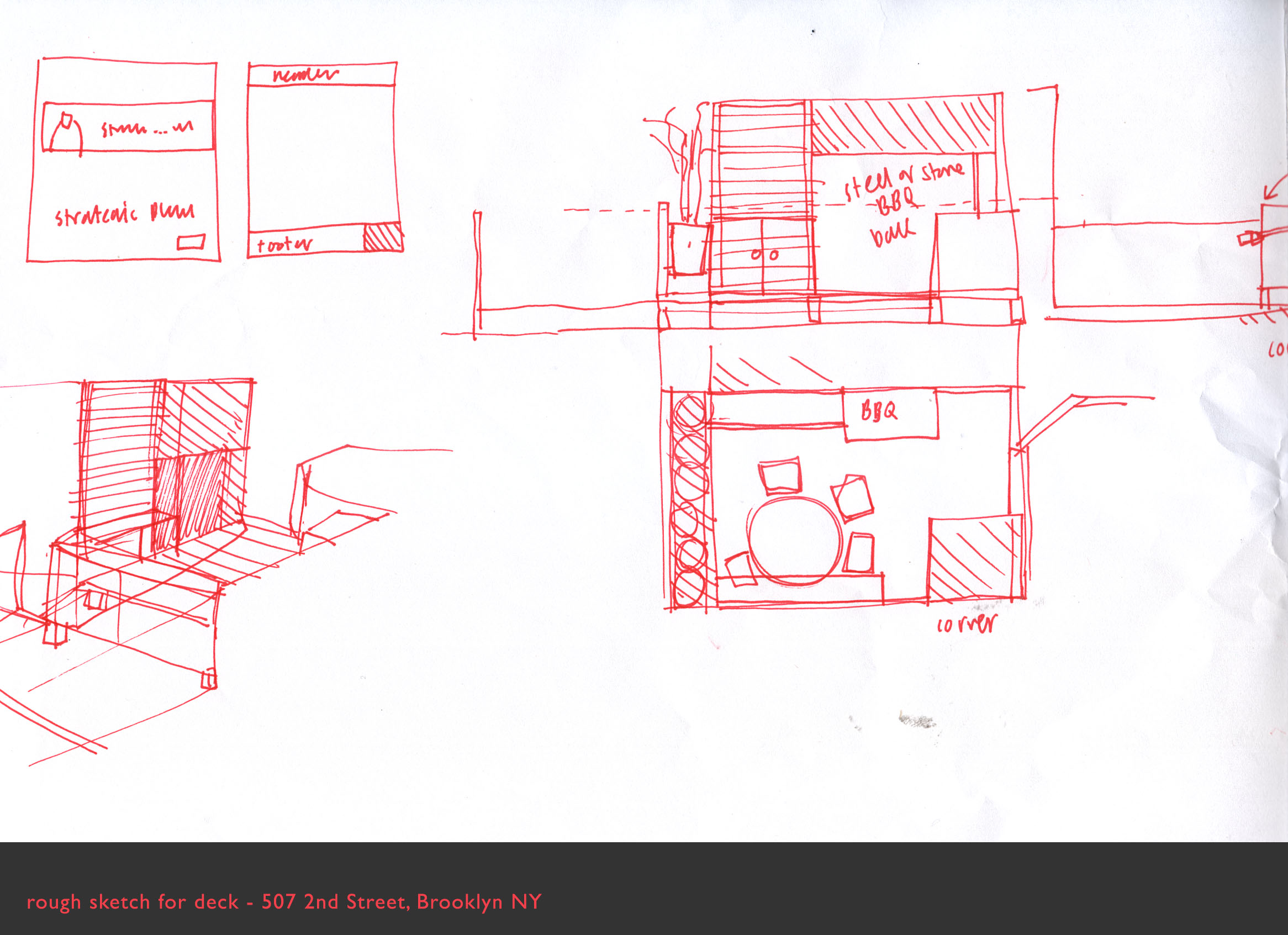 Red pen architectural sketch showing roof deck layout with elevation and plan views, including seating area and BBQ.