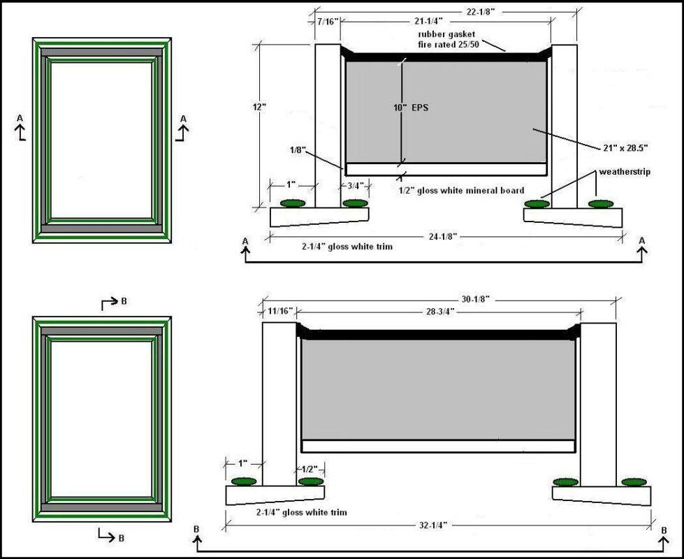 Technical blueprint showing skylight frame assembly with dimensions, gaskets, and trim specifications.