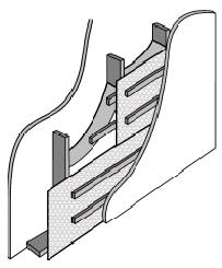 Technical cross-section diagram of exterior staircase construction with metal framework