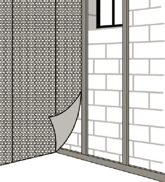 Close-up of retractable screen door mesh material with metal frame corner