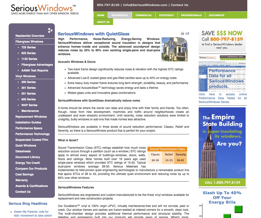 SeriousWindows website homepage featuring QuietGlass acoustic windows with product information and promotional content.
