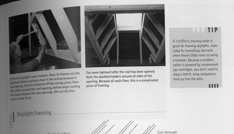 Black and white construction photos showing skylight framing installation with doubled headers and roof opening details.