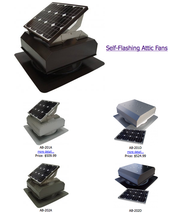 Four models of self-flashing solar attic fans with black panels and gray bases