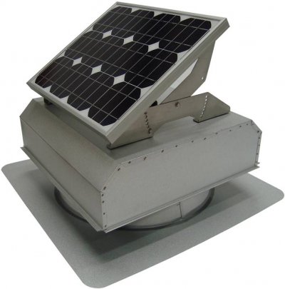 Solar panel mounted on gray metal roof ventilator with adjustable bracket