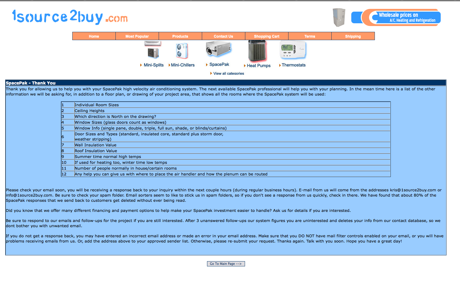 SpacePak high-velocity air conditioning system inquiry checklist table with 12 information requirements.