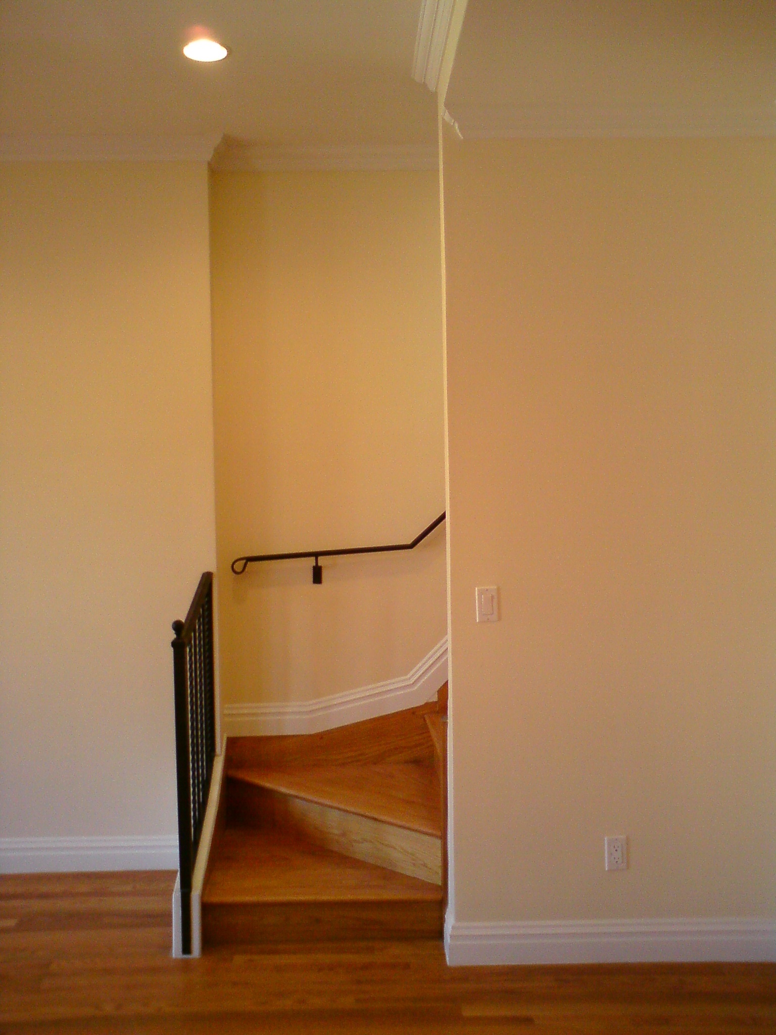 Indoor staircase with black wrought-iron railing and wooden steps leading upward