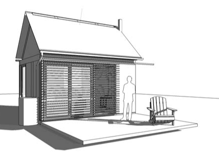 Architectural sketch of small residential structure with pitched roof, louvered windows, and front deck with chair.