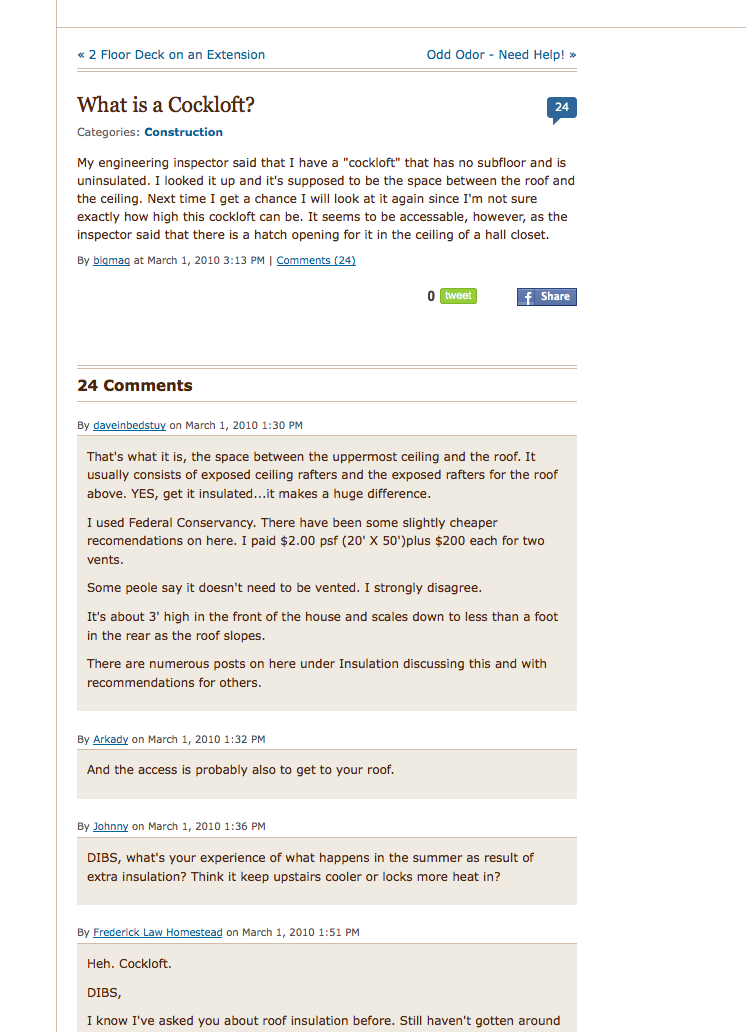 Forum discussion thread about cockloft definition and roof space insulation.
