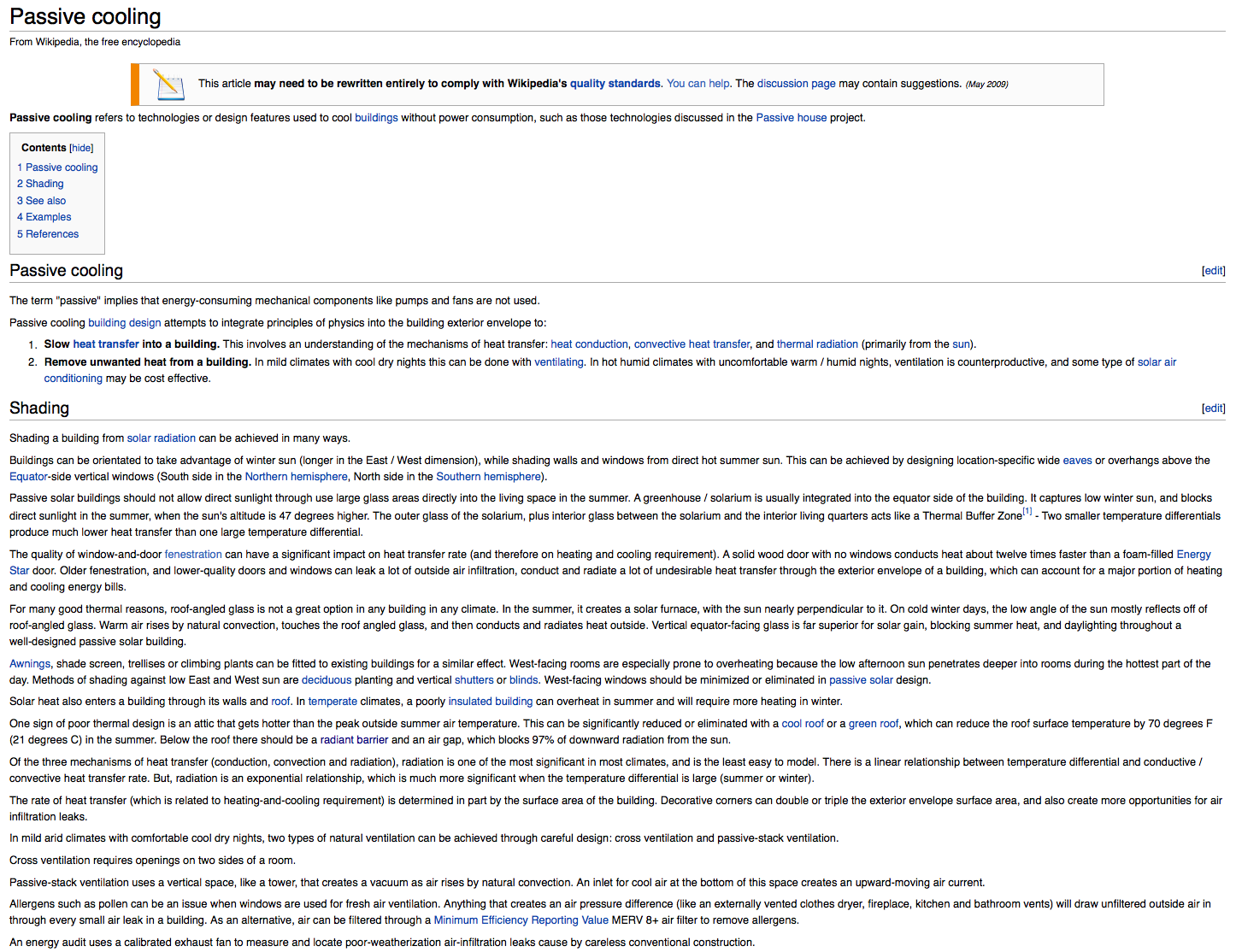 Wikipedia article on passive cooling with sections on building design and shading strategies