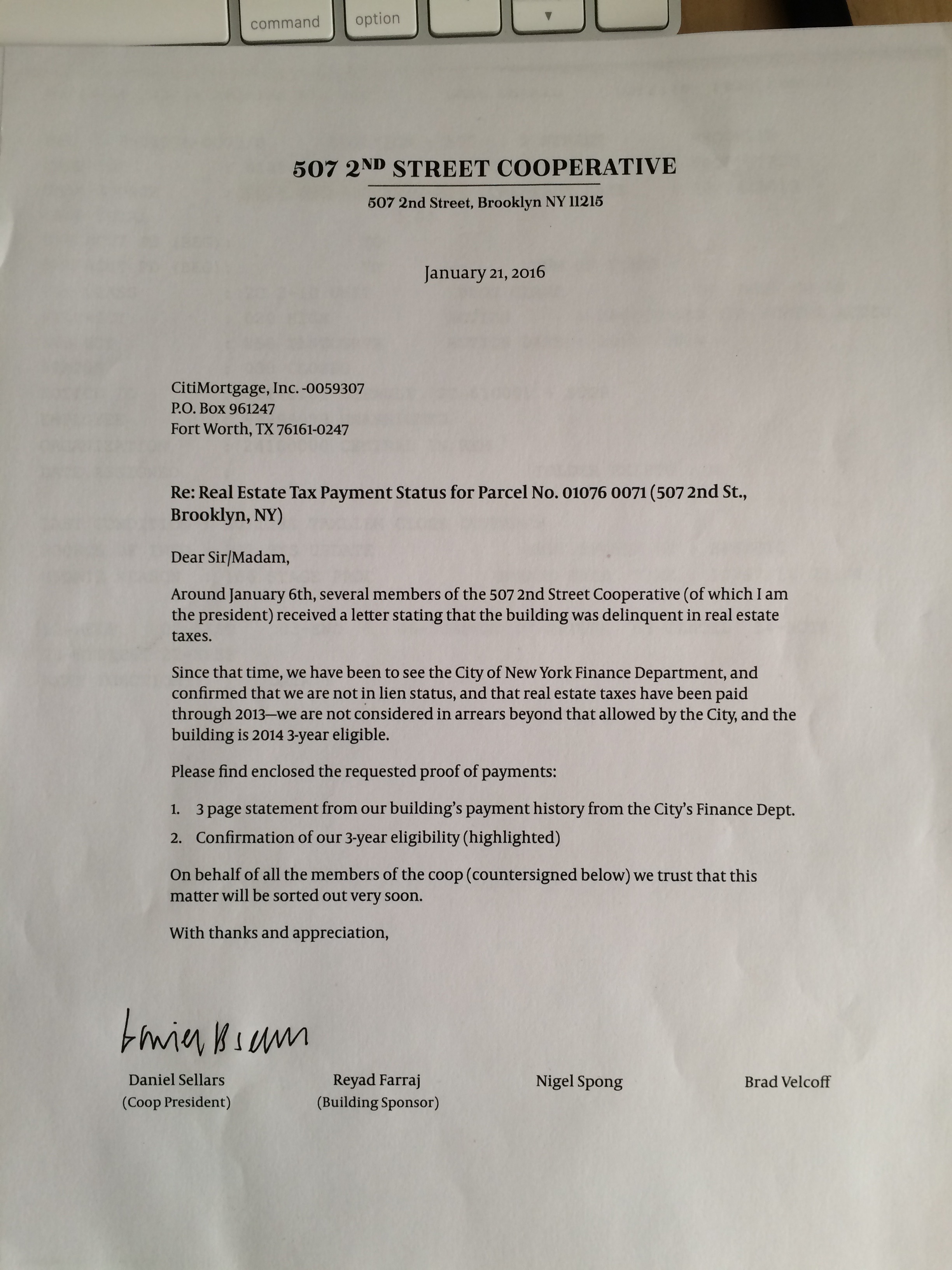 Formal letter from 507 2nd Street Cooperative to CitiMortgage regarding real estate tax payment status, dated January 21 2016.
