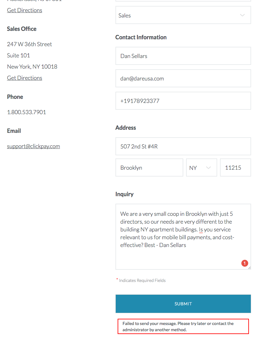Contact form with sales inquiry from Dan Sellars in Brooklyn, NY