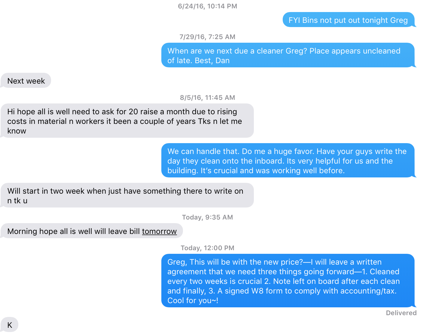 Text message thread about cleaning service scheduling and pricing negotiation between two people