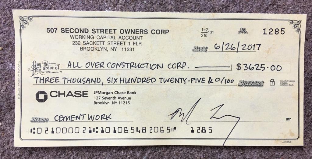 Bank check for cement work dated June 26, 2017, amount $3625 from 507 Second Street Owners Corp.