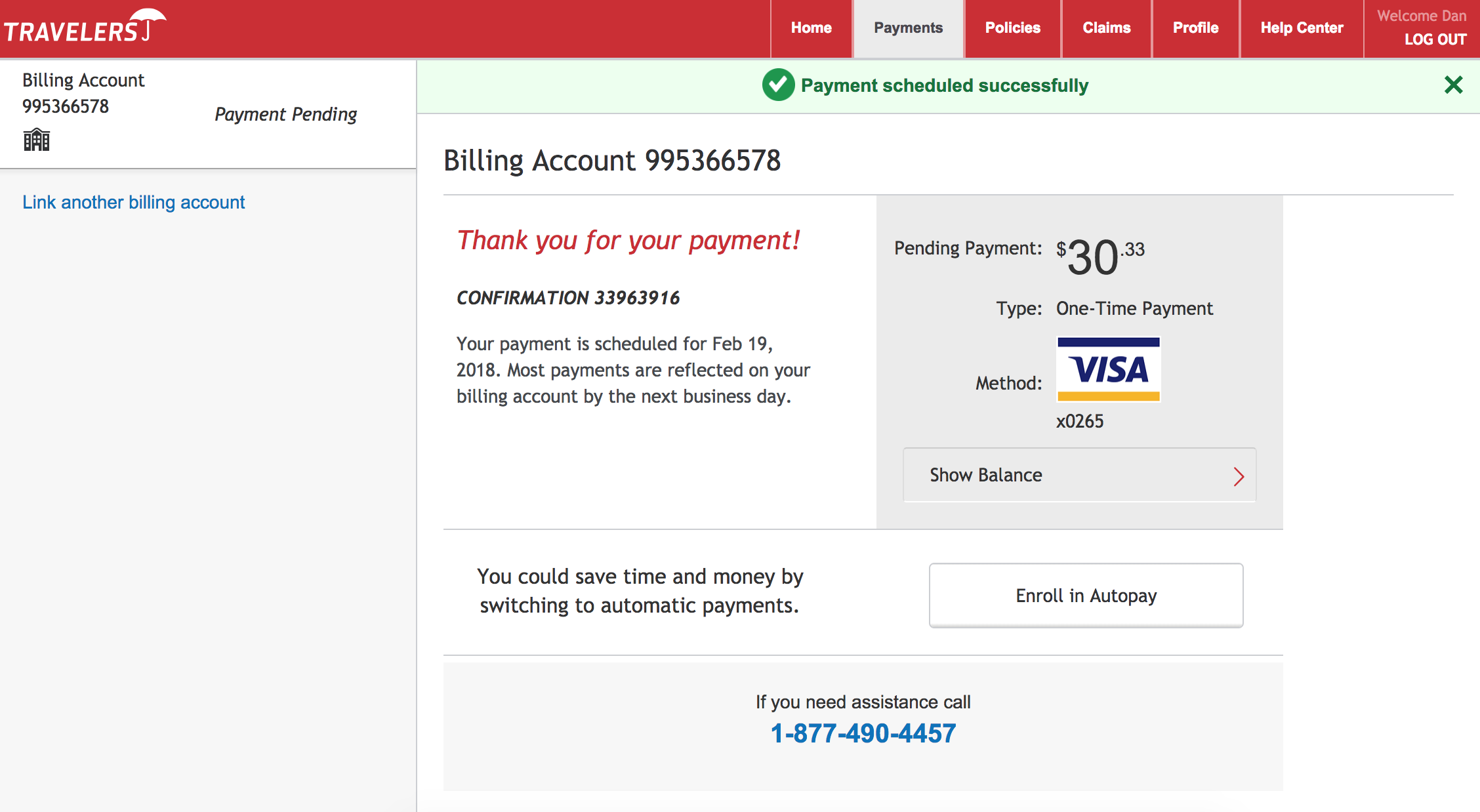 Travelers insurance payment confirmation showing $30.33 scheduled successfully via Visa card