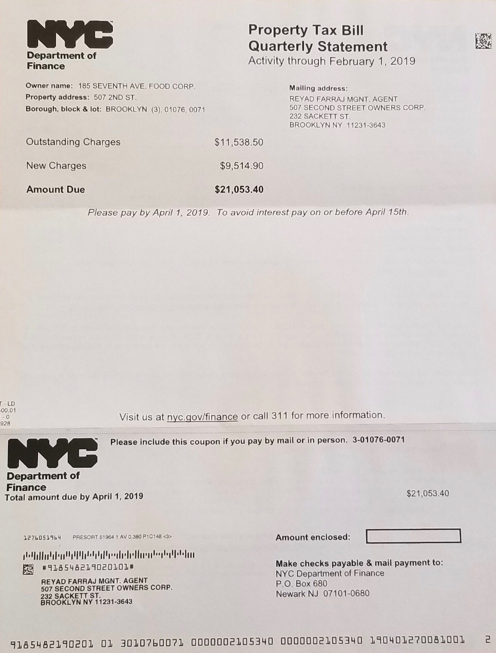 NYC Department of Finance property tax bill showing outstanding charges and amount due