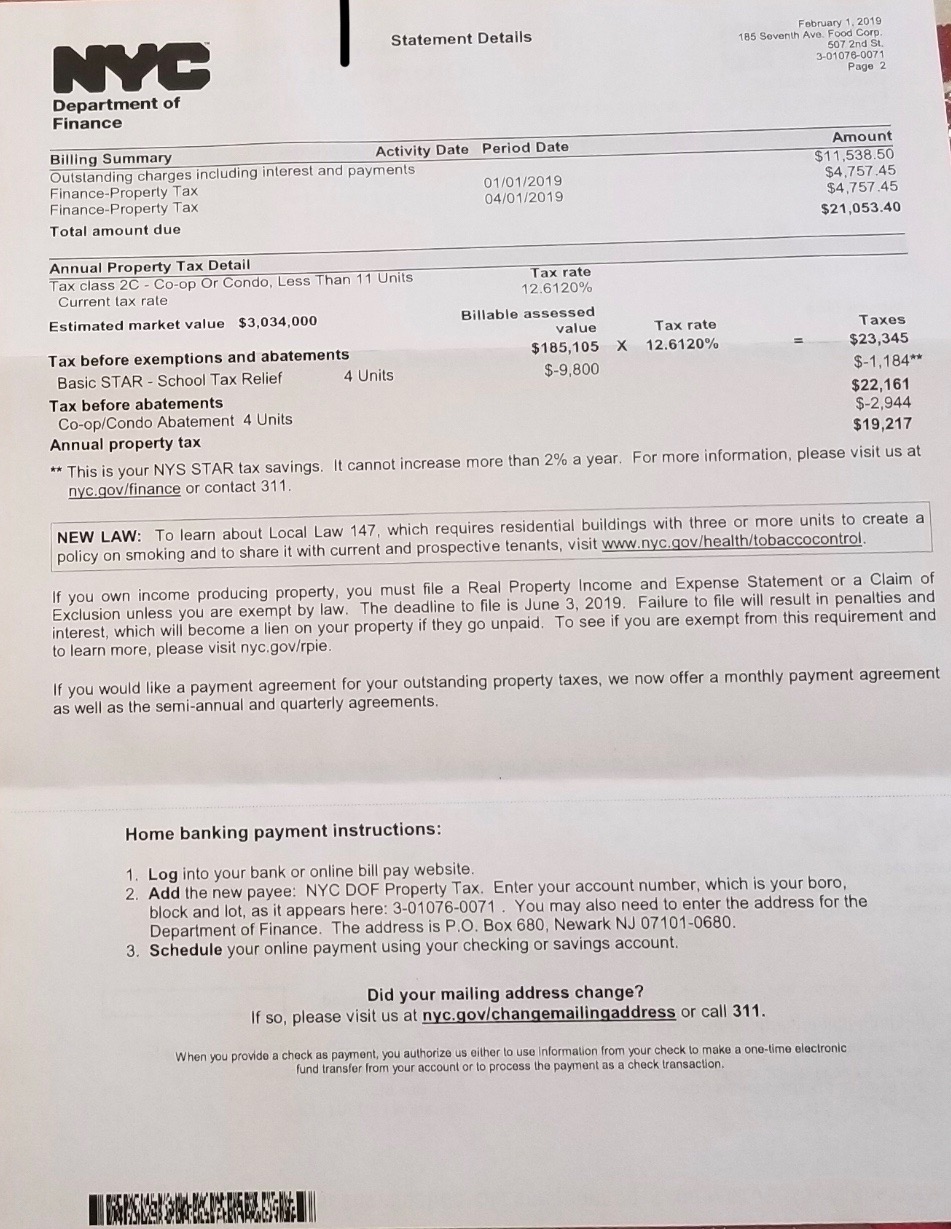 NYC Department of Finance property tax statement showing billing summary and annual tax details for February 2019.