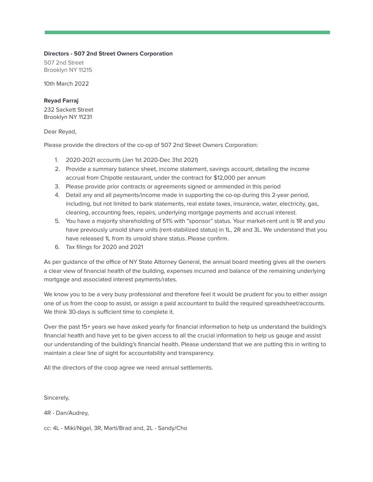 Please provide the directors of the co-op of 507 2nd Street Owners Corporation - Draft