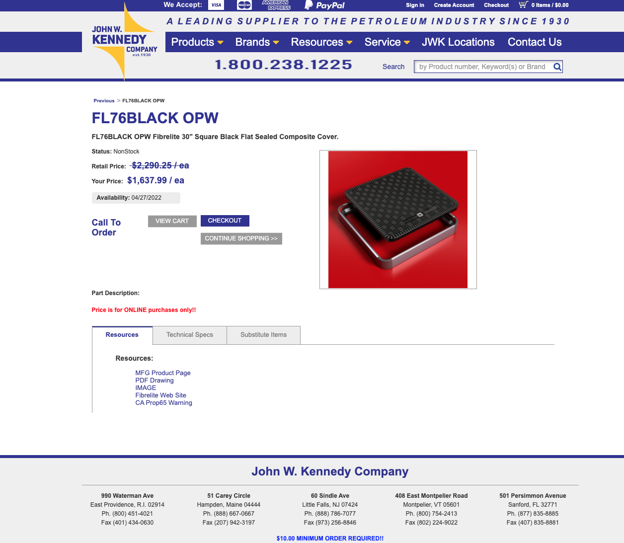 FL76BLACK OPW black composite cover on red background, angled view
