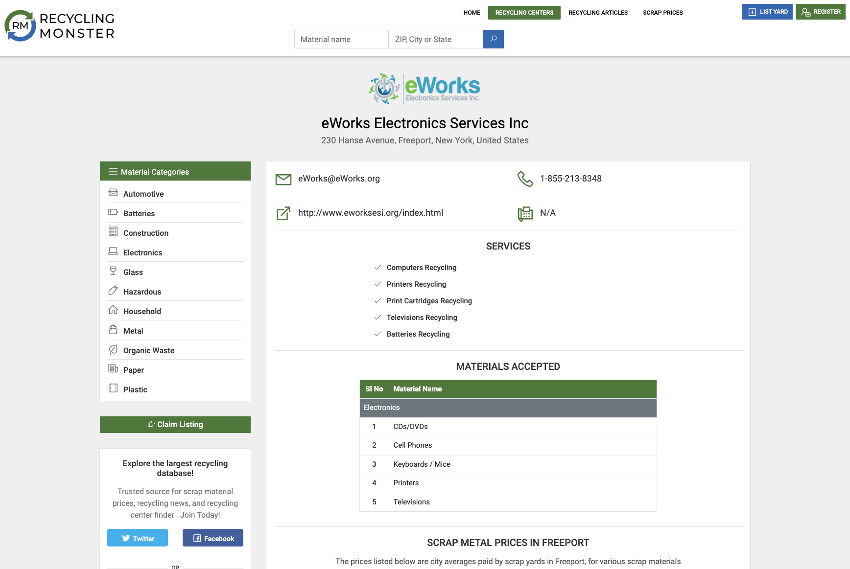 eWorks Electronics Services Inc recycling center profile with services and accepted materials list