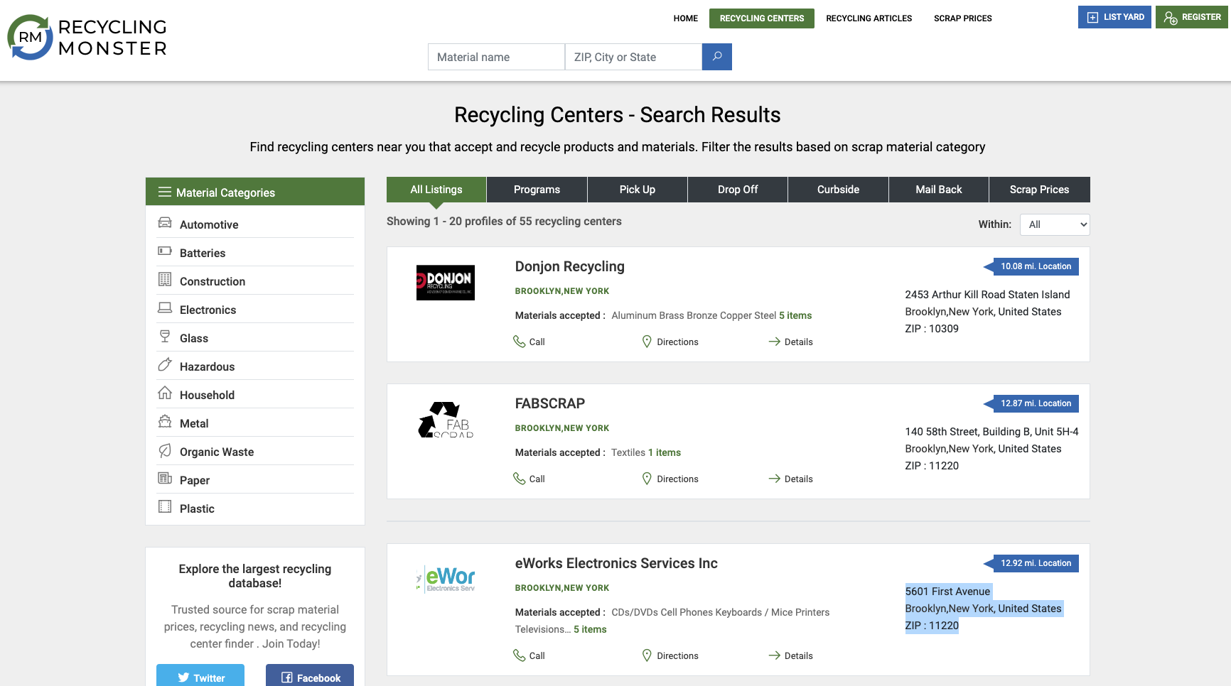 Recycling Monster search results page showing three Brooklyn recycling centers with materials accepted and locations.