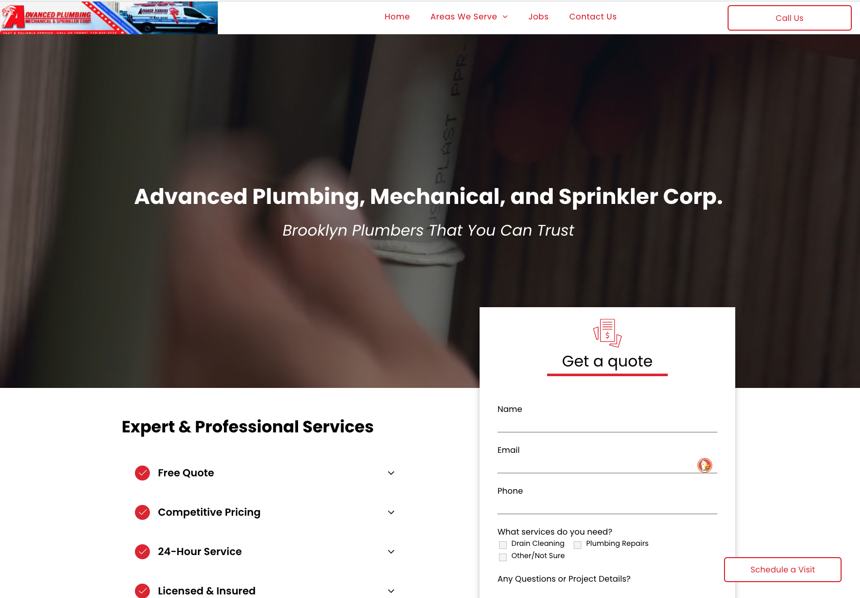 Advanced Plumbing website homepage with service quote form and business details