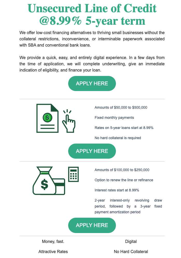 Unsecured line of credit marketing page at 8.99% with loan options and application buttons.