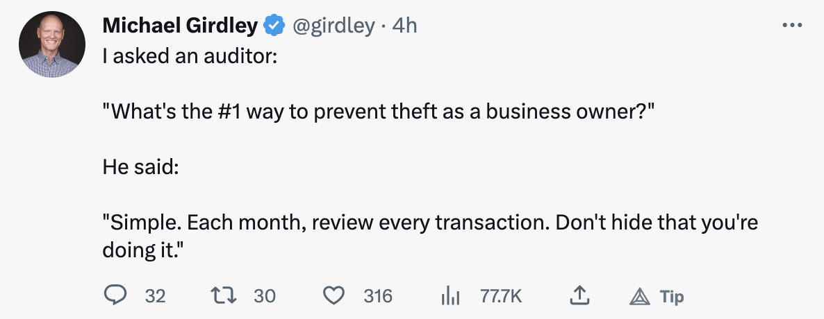 Twitter post by Michael Girdley asking auditor about preventing business theft