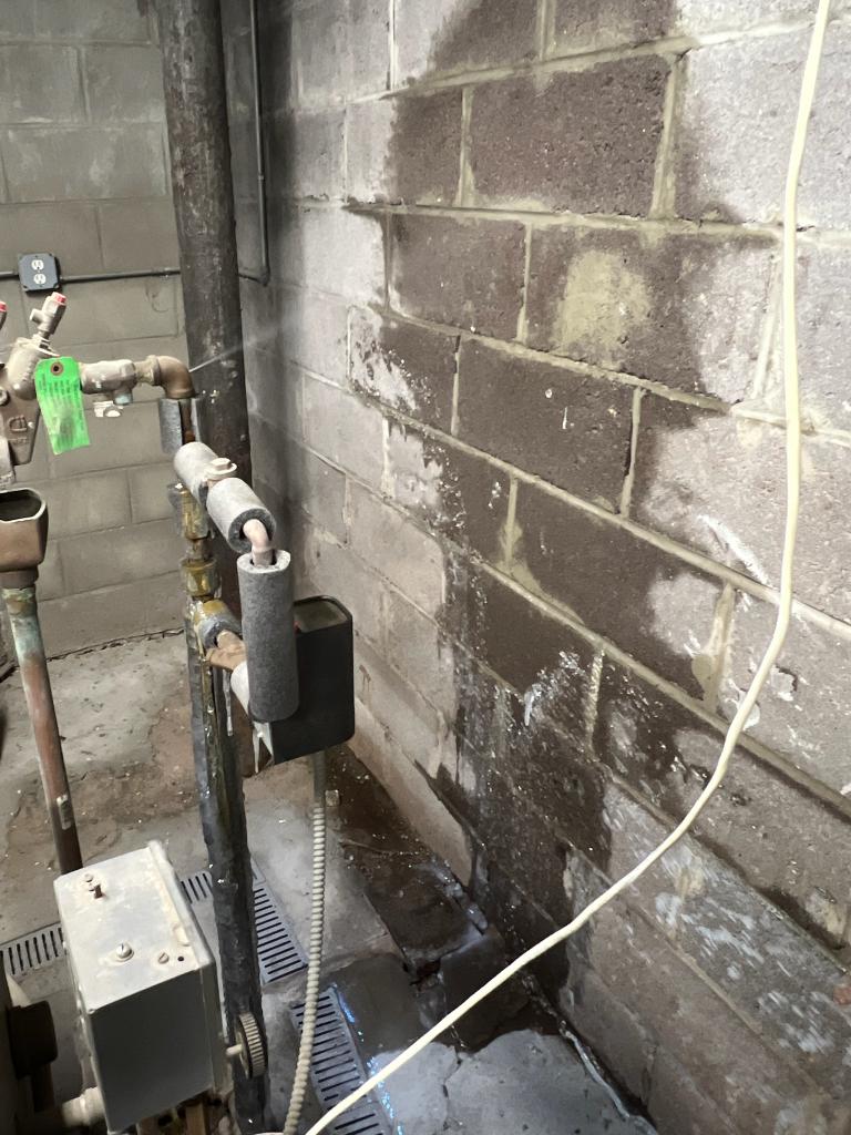 Wet basement wall with visible pipe damage and water stains after winter freeze.