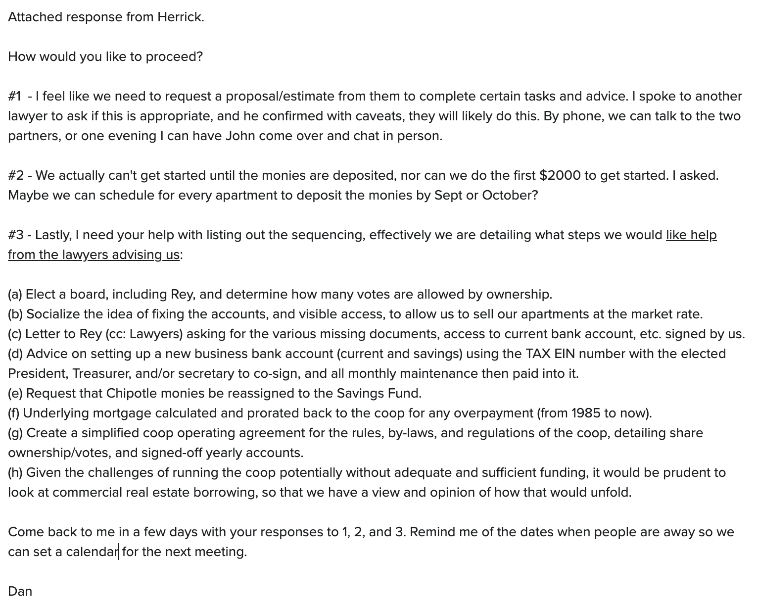 Email text detailing legal advice and procedural steps for cooperative organization and financial management.